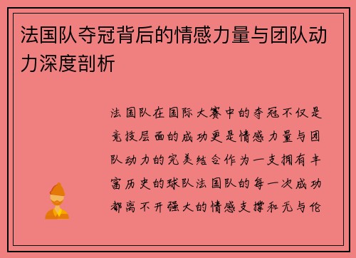 法国队夺冠背后的情感力量与团队动力深度剖析