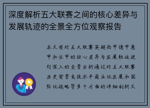 深度解析五大联赛之间的核心差异与发展轨迹的全景全方位观察报告
