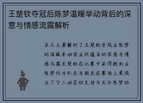 王楚钦夺冠后陈梦温暖举动背后的深意与情感流露解析 王楚钦夺冠后陈梦温暖举动背后的深意与情感流露解析