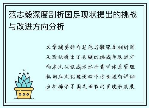 范志毅深度剖析国足现状提出的挑战与改进方向分析 范志毅深度剖析国足现状提出的挑战与改进方向分析